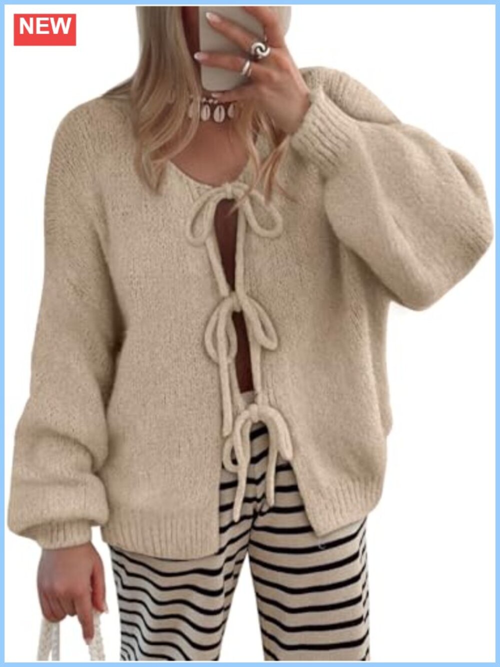 Tie Front Cardigan Sweater Puff Sleeve Bow Knit Women's Trendy Fall Top